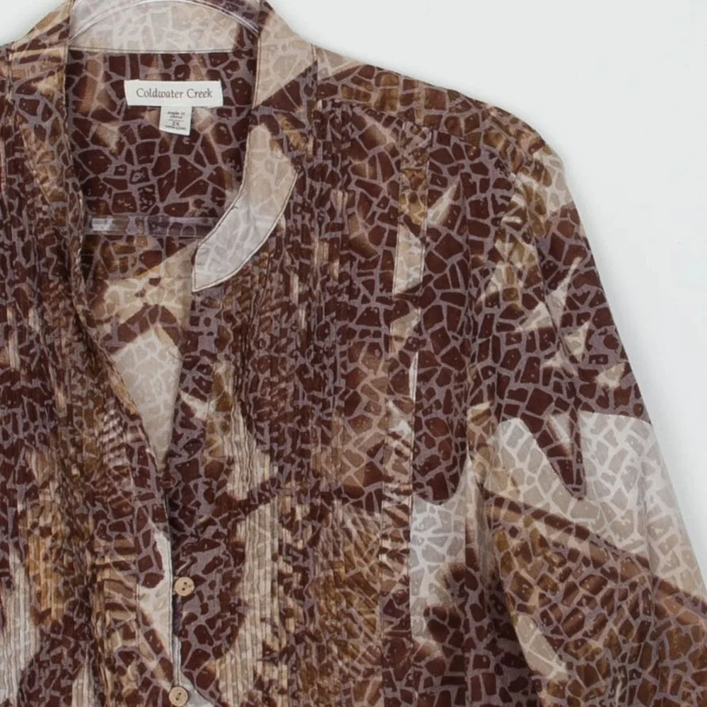 Coldwater Creek Womens 2X Animal Print Pleated Button Front Tunic Top Artsy Work - Picture 2 of 9